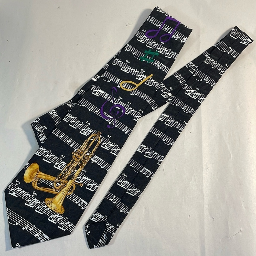 Florence Silk Tie Co. Trumpet Tie Musical Notes black white gold purple green